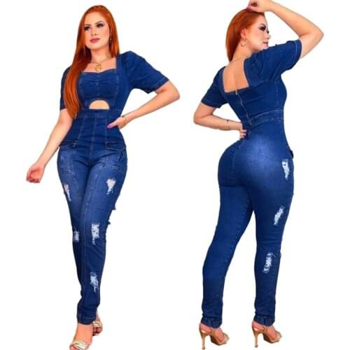 Fashion Casual Women Solid Short Sleeve Long Romper Jumpsuit Bodysuit Overall Skinny Pencil Legs Pants Denim Sexy Rompers