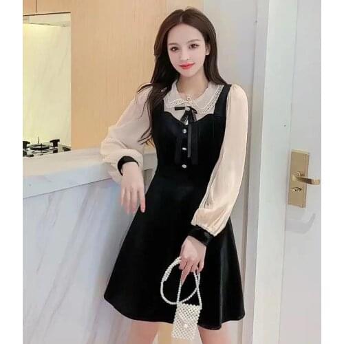 MRWILK Korean Elegant Dresses Women Vintage Velvet Black Dress Stand Neck Lantern Sleeve Party Dress High Waist Slim Vestidos