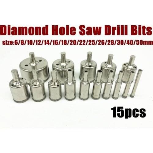Milda 15pcs Diamond Hole Saw Drill Bit Set Tile Ceramic Glass Marble Holesaw Cutter Tools Drill Bits 6-50mm