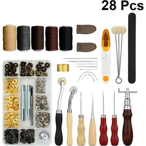 28pcs Professional Leather Craft Tools Kit Hand Sewing Stitching Punch Carving Work Groover Set Diy Leather Hand Tool Set