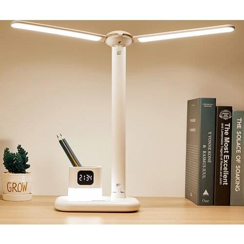 Dual LED Desk Lamp Stepless Dimming USB Rechargeable Smart Clock With Pen Holder Alarm Clock Bedroom Bedside Table Lamps 3600mah