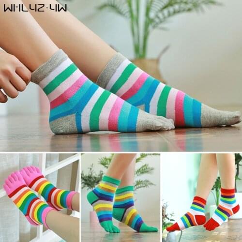 Spring Summer Pure Cotton Women Socks With Toes Striped Rainbow Cute Harajuku Soft Weave Girl Five Finger Socks Novelty EU 35-39