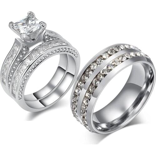 2018 Newest Top Selling Luxury Jewelry Couple Rings 925 Sterling Silver Stainless Steel Princess Cut 5A CZ Wedding Band Ring Set