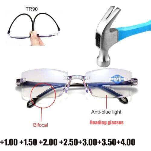 Men Women Rimless Reading Glasses Anti Blue Light Bifocal Far Near Magnification TR90 Eyewear Presbyopic Glasses +150 +200