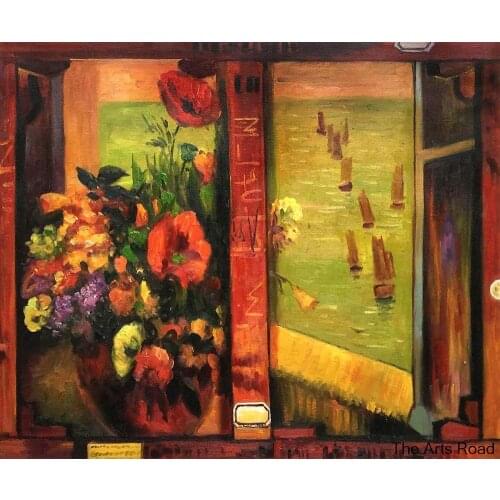 Hand Painted Oil Painting on Canvas Bouquet of Flowers with a Window Open to the Sea by Paul Gauguin Painting Flowers