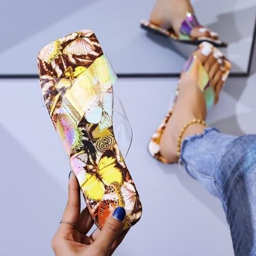 Womens Fashion Casual Square Head Printed Flat Slippers 2021 Summer Beach Sandals Non Slip Lady Shoes Punk Style 43 TX397