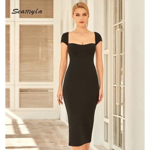 Seamyla 2021 New Summer Women Strapless Black Short Sleeve Bodycon Bandage Dresses Sexy Celebrity Runway Party Club Midi Dresses