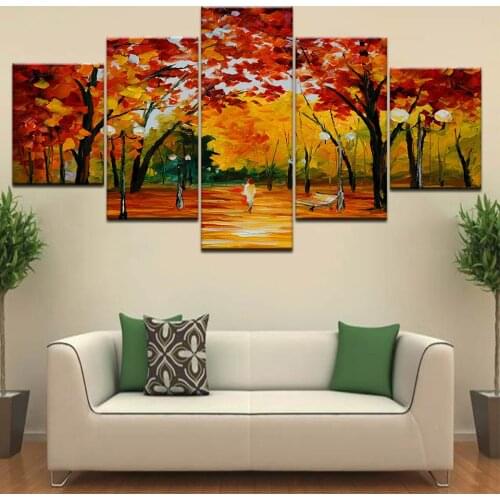 Modern Wall Art Canvas HD Prints Poster Framework 5 Pieces Walk In The Woods Scenery Painting Home Decor Abstract Trees Pictures