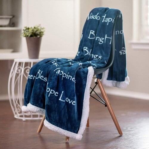 Super Qulaity Thick Blanket for Beds Sofa Pure Color with Words Design Thin Quilt Flannel Front and Berber Sherpa Back Bedspread