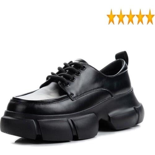 Vintage Autumn New Thick Women Platform Split Leather Lace Up Casual Flats Footwear Ladies Shallow Height Increasing Shoes