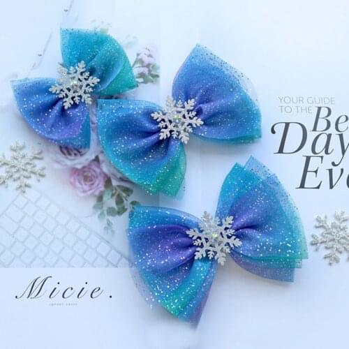 Kids Hair Bows Blue Starry Mesh Hair Clips Snowflake Ribbon Bows Girls Cosplay Headwear Princess Party Dance Headdress