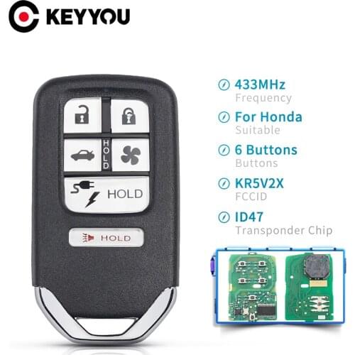 KEYYOU 434MHz KR5V2X Replacement 5+1 6 Buttons Smart Remote Car Key Fob For Honda Clarity 2018 Uncut Blade With ID47 Chip