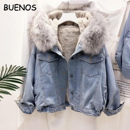 BUENOS Winter jacket women loose thick big plush fur collar denim jacket female warm plus velvet student cotton coat women