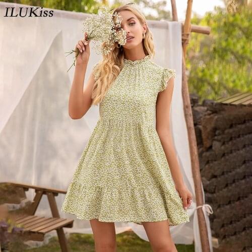 Summer Short Sleeve Floral Print Mini Dress Women 2021 Fashion Loose Casual Green Stand Collar Womens Dresses Elegant Clothing