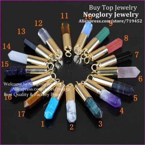 17pcs Mixed Nature Pink Quartz/ Blue Sand/Crystal/Opal Gems Stone Point Bullet Pendant metal Color Casing Druzy Pendant