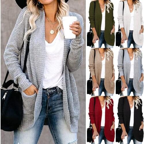 2020 Autumn/winter Womens Sweater Cardigan European/American Street Curved Placket Large Pocket Cardigan Sweters for Women