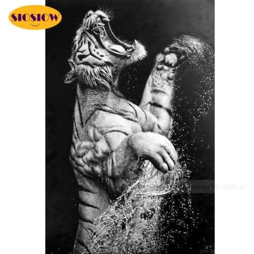 SIOSIOW 5D DIY Diamond Painting Black And White Tiger 3D Pictures Daimond Mosaic Embroidery Wild Animals Full Set Square Animal