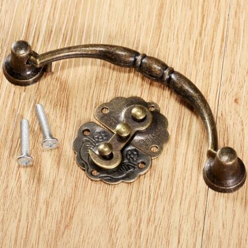 Antique Bronze 11.2*3.5cm Pull Handle Knob & 44*34mm Box Lock Latch Hasp Hook for Cupboard Cabinet Jewelry Wooden Box Decoration