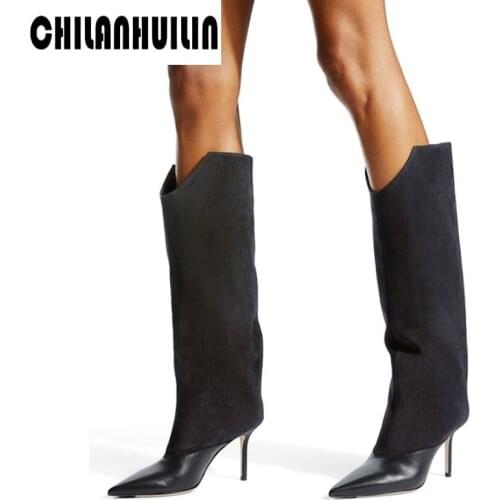 Brand gray patchwork sexy pointy toe knee high women boots elegant party shoes autumn winter warm short plush slip on long boots