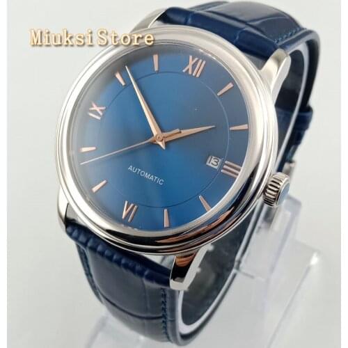 Goutent 40mm fashion simple mens mechanical watch blue dial silver case sapphire glass date automatic watches 2839