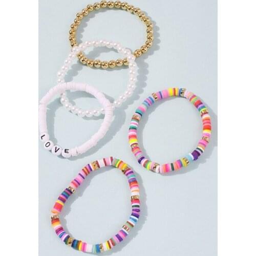 E56A Bracelet Set Ladies Stackable Beaded Multicolor African Vinyl Stretch Bracelet Minimalist Beach Surfer Bracelet Jewelry