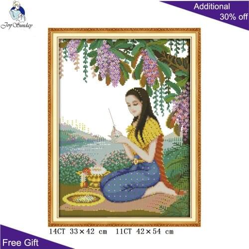 Joy Sunday Play Flower Girl RA160 14CT 11CT Counted and Stamped Home Decor Southeast Asia Girl Embroidery DIY Cross Stitch kits