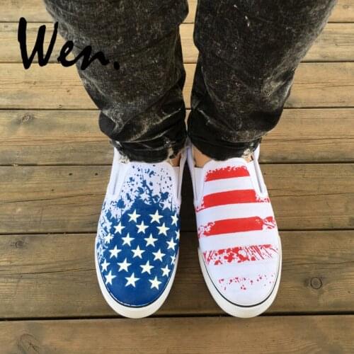 Wen Unisex Slip On Shoes Design Custom USA American Flag Pattern Man Womans Hand Painted Canvas Sneakers Platform Plimsolls