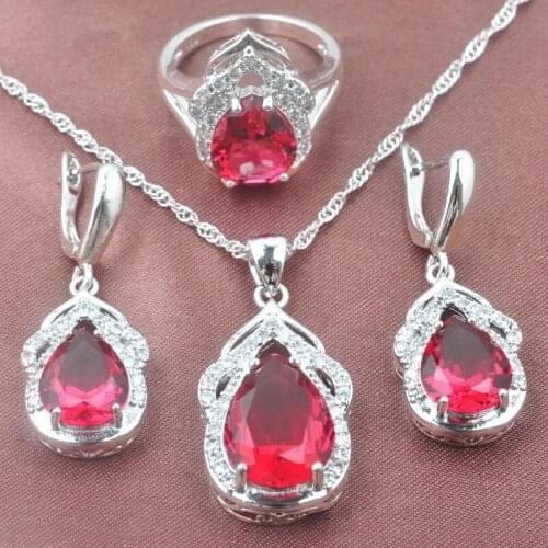 Elegant Rose Red Zirconia Womens Silver Color Jewelry Sets Crystal Necklace Pendant Earrings Ring TZ0305