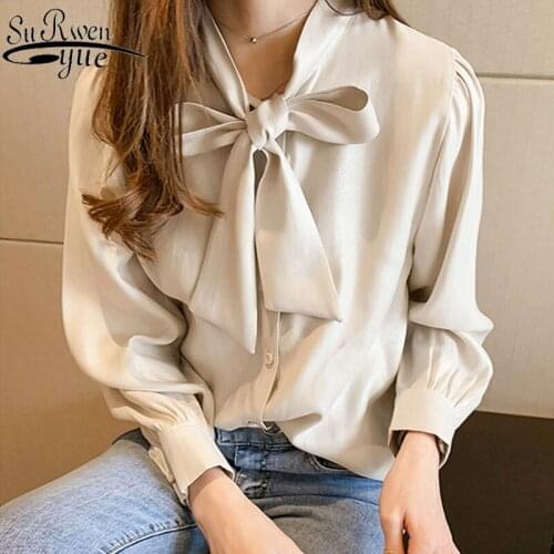 Korean fashion clothing 2021 OL Button Solid Bow chiffon blouses women tops lantern Sleeve plus size 4XL blusas shirts 7932 50