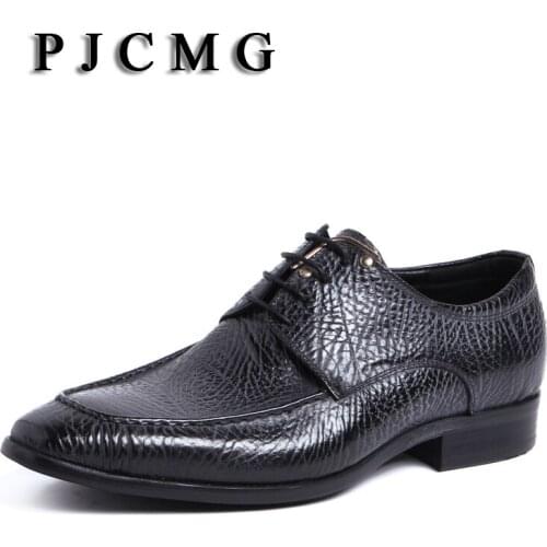 PJCMG New Fashion Genuine Leather Flat Black/Blue Lace-Up Oxfords British Style Bullock Business Men Party Office S Dress hoes