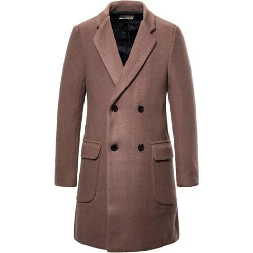 2021 New double breasted casual woolen coat male autumn winter long solid color casual coat light brown slim trench coat men