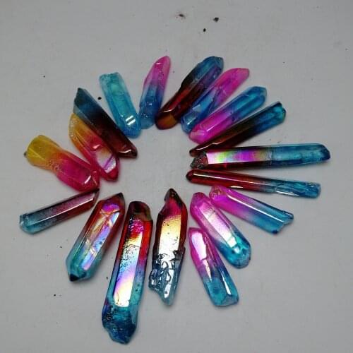 Wholesale 6 pcs Electroplated Red Yellow Blue Titanium Aura Lemurian Crystal Wand Point Healing Quartz Crystal Stone Decor