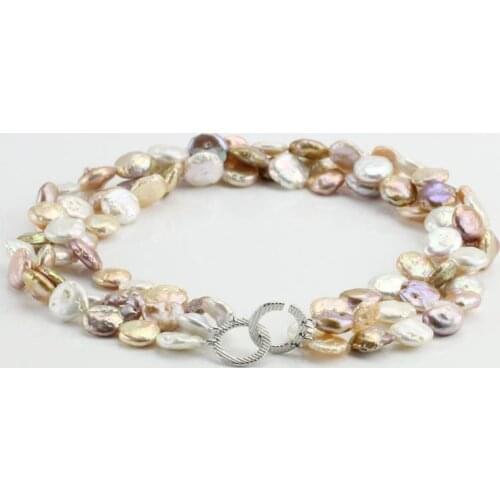 Coin Pearl Necklace,12mm 3 Line Multi Rainbow Color Pearl Knotted Jewelry,Charming Wedding Bridal Bridesmaid Party Gift