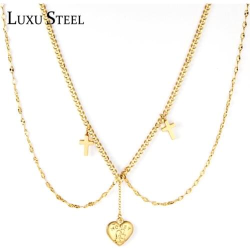 LUXUSTEEL New Style Gold Color Heart Pendant Necklace Collars Accessories Stainless Steel Double Chains Necklace Women Party