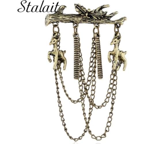 Retro Branch Deer Pendant Brooch Pin Spring Leaf Animal Ancient Gold Silver Color Chain Brooch Badge Suit Gifts Jewelry