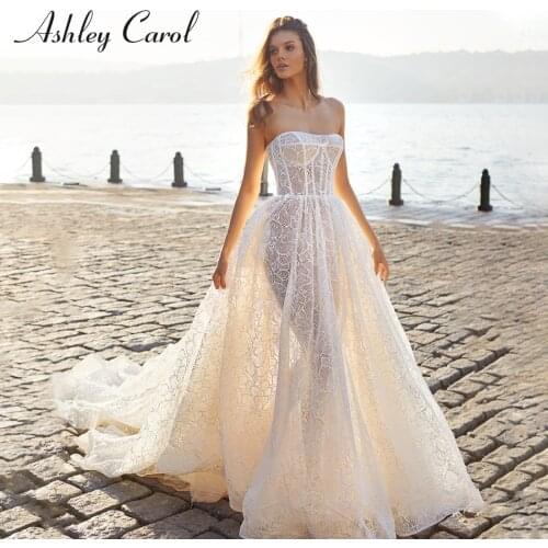 Ashley Carol A-Line Wedding Dress 2021 Charming Strapless With Lace Appliques Bride Illusion Chapel Train Beach Boho Bridal Gown