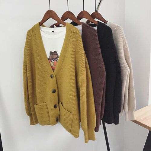 Solid Casual Sweater Cardigan Color v-neck Button Pocket Autumn And Winter Loose Thick long-sleeve Knit Sweaters