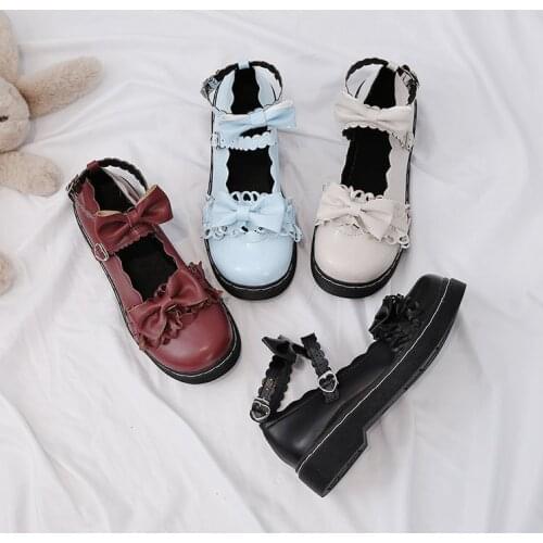 Kawaii Lolita JK Platform Shoes Japanese College Students Girls Round Toe Buckle Straps Bow Shoes PU Gothic Anime Cosplay