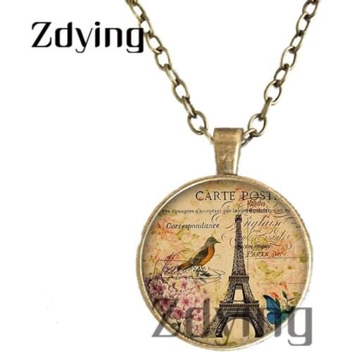 Zdying Butterfly Flower Bird Eiffel Tower Necklaces Round Glass Cabochon Pendant Necklace Sweater Long Chain Jewelry Gift EF044