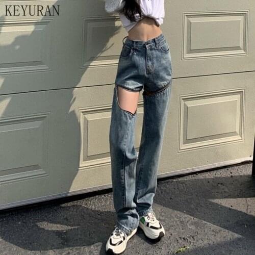 Womens Straight Jeans Y2k High Waist Slim Loose Ripped Detachable Zipper Wide-Leg Trousers Spring Autumn New Korean Denim Pants