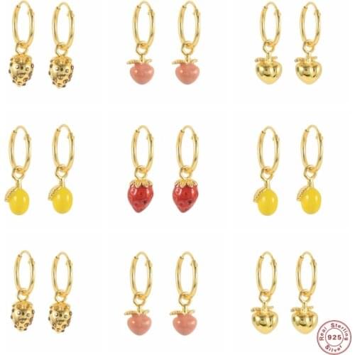 Aide 925 Sterling Silver Colored Enamel Lemon Peach Strawberry Pendant Dangle Earrings Summer Fruit Collection Drip Oil Jewelry