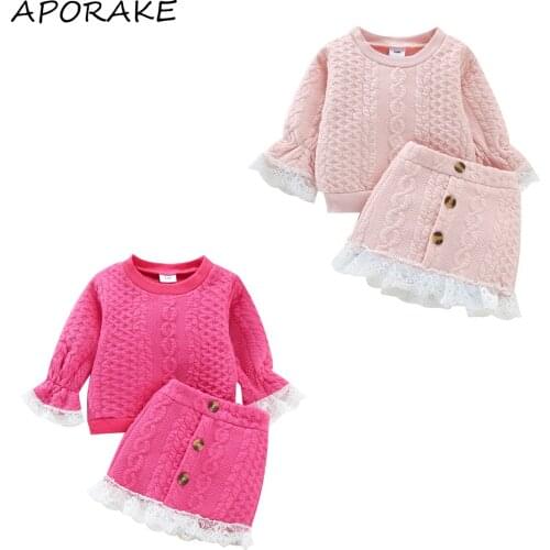 2021 0-3Y Sweet Kids Baby Girl Clothes Set Lace Trim Round Neck Long Sleeve Sweater Pullovers+High Waist A-line Skirt Fall 2pcs
