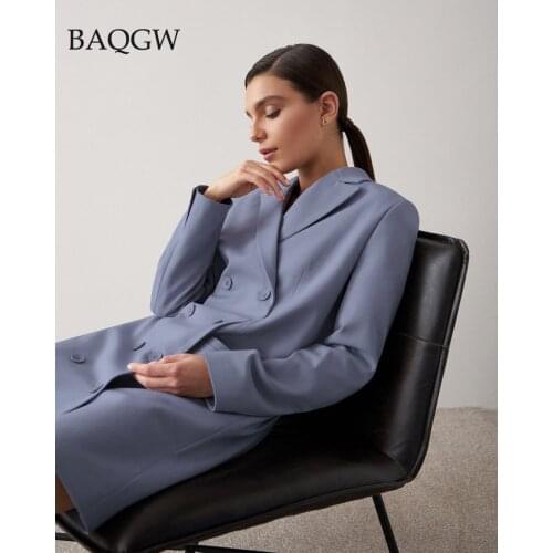 Temperament Slim Suit Womens Dress Blue Black Notched V Collar Double Breasted Suit Jacket and Dress Female Office Work Blazer