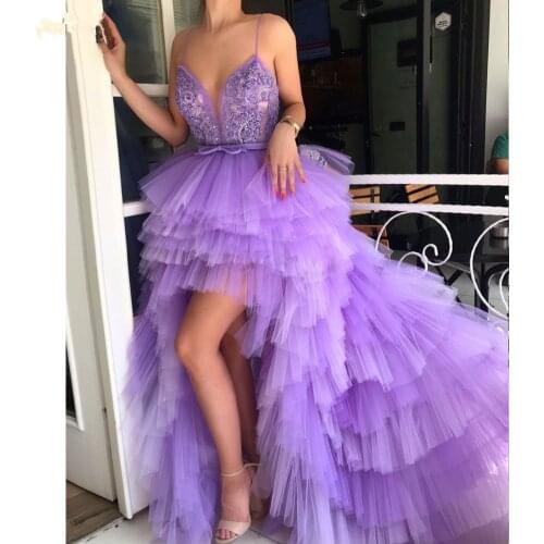 Vestido de Festa 2020 High Low Prom Dresses Unique Design Purple Tulle Elegant Evening Dress Sexy V Neck Spaghetti Formal Dress