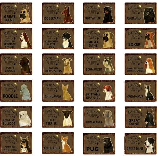 Pets Dog Metal Tin Sign Plaque Chihuahua Pug Metal Plate Home Garden Decor Bar Pub Cafe Wall Art Iron Painting 20*30 CM