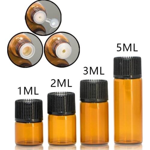 100pcs/lot 1ml 2ml 3ml 5ml Mini Amber Glass Essential Oil Bottle With Black Cap Brown Glass Bottle Sample Test Refillable Bottle