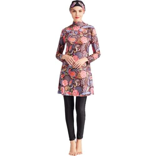 2020 Muslim Swimwear Women Modest Patchwork Full Cover Long Sleeve Swimsuit Islamic Hijab Islam Burkinis Wear Bathing