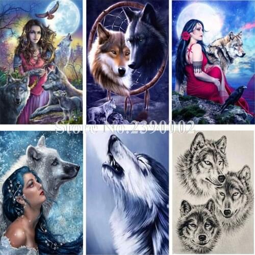 5D Diy Diamond Painting Animals Diamond Embroidery Mosaic Girl Woman With Wolf Full Rhinestones Home Decoration Christmas Gift