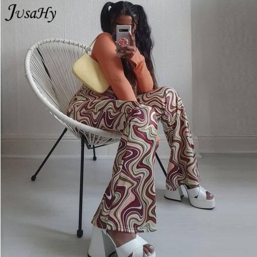 JuSaHy Aesthetic Print Womens High Waist Flare Pants Slim Stretched Casual Streetwear Fashion Female Trousers Summer Bottoms