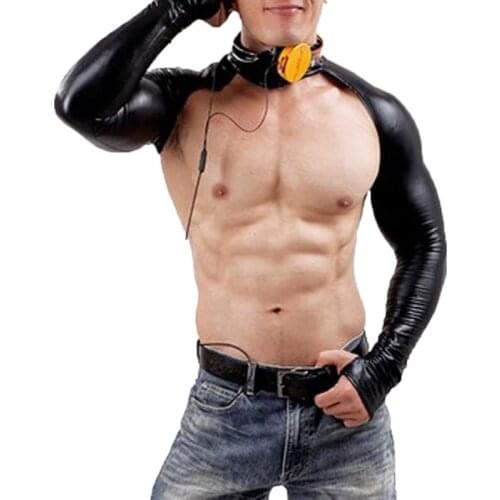Men Chest Harness Bodybuilding Tops PU Leather Long Sleeve Crop Tops Male Shoulder Strap Stage Costume Clubwear Gay Exotic Tanks